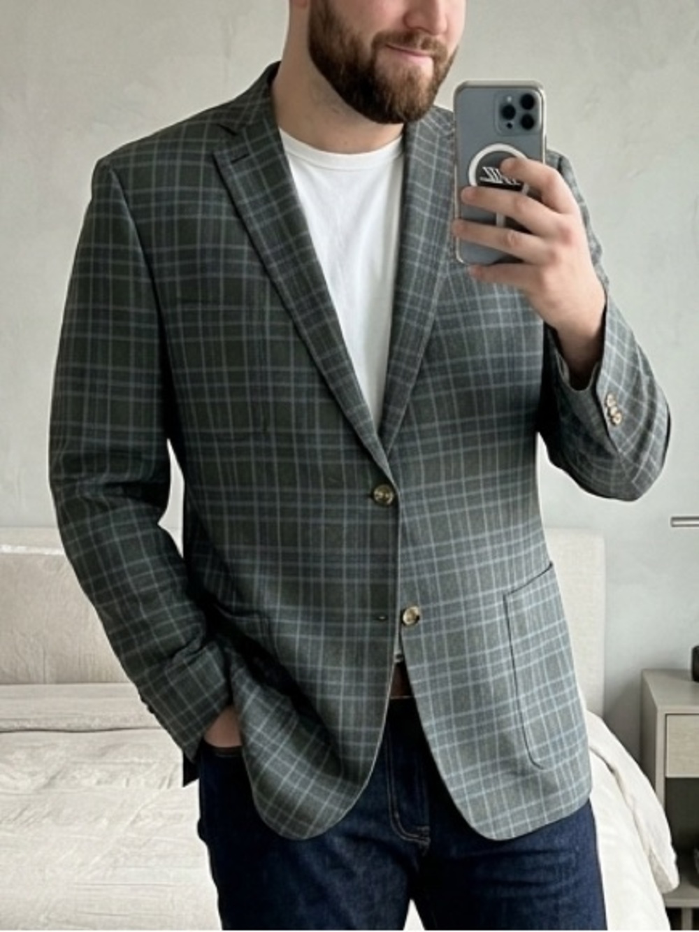 JKT New York Men’s 50L Gray Blue Plaid Cotton Stretch Bond Blazer Jacket Coat